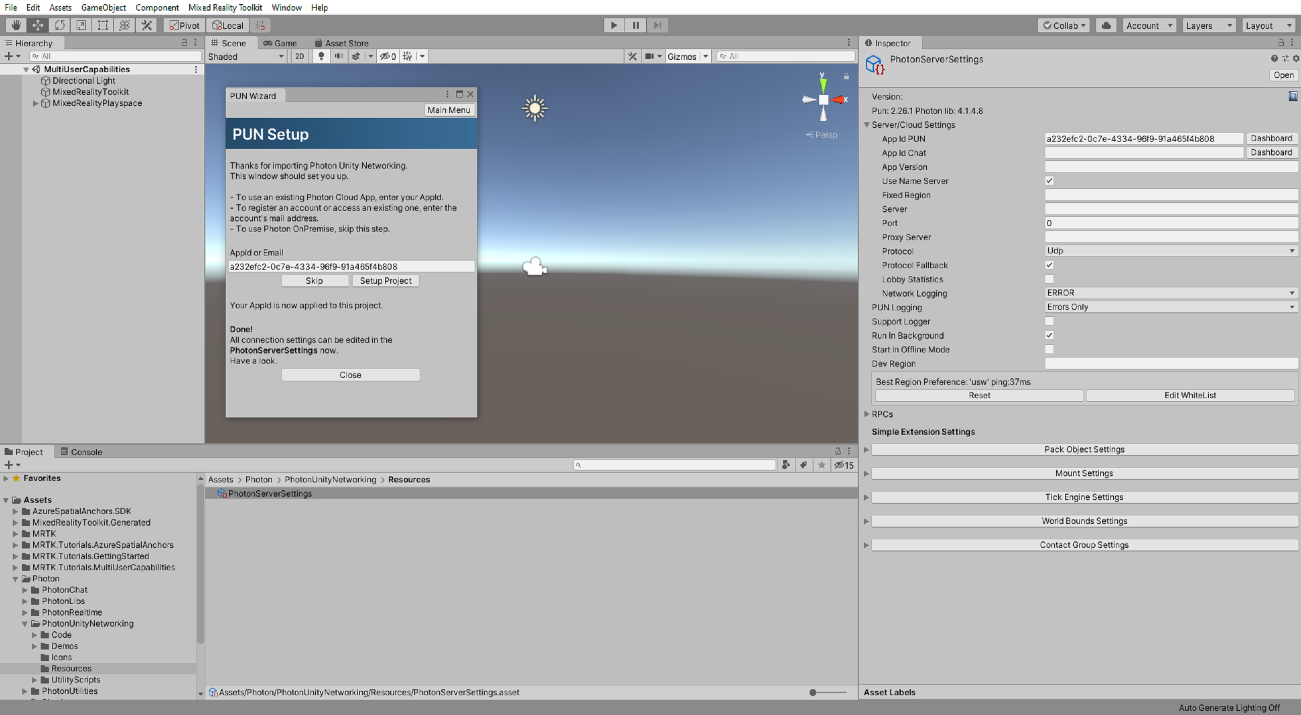 Finestra installazione PUN di Unity con il progetto di installazione applicato