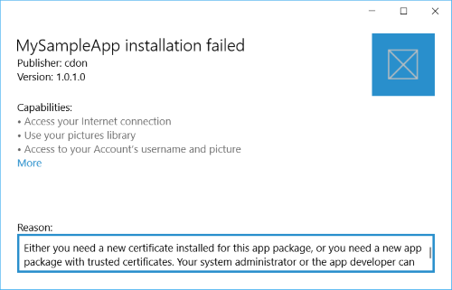 Screenshot dell'errore di certificazione