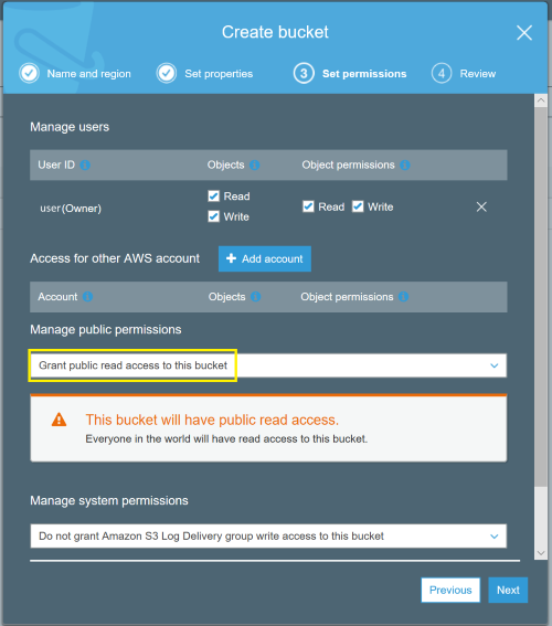 Impostare le autorizzazioni per il bucket Amazon S3