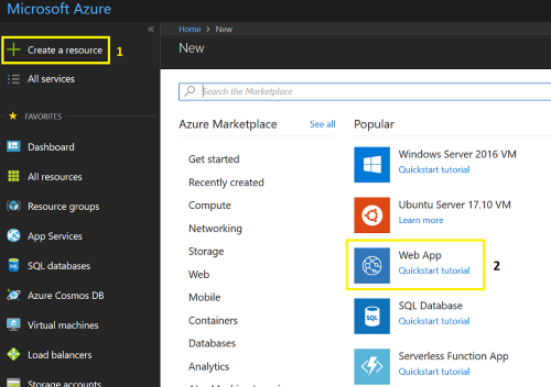 Screenshot per la creazione di un'app Azure