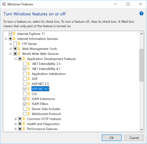 Screenshot dell'installazione della funzionalità di ASP.NET