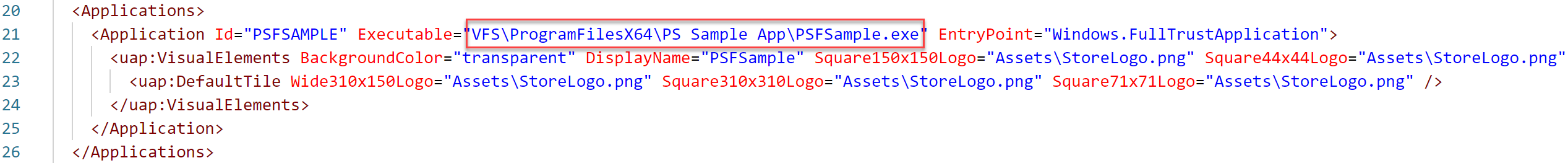 Immagine che circonda il percorso del file eseguibile all'interno del file AppxManifest.