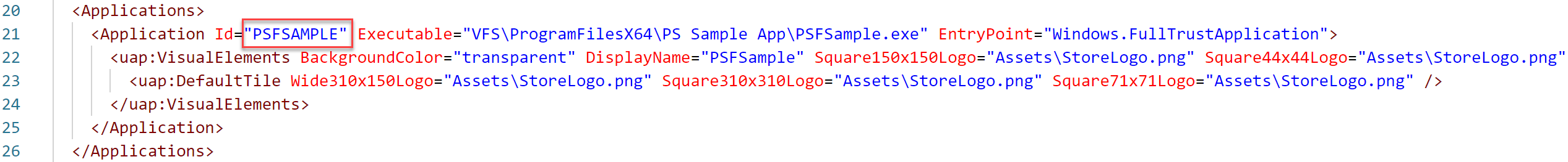 Immagine che evidenzia la posizione dell'ID all'interno del file AppxManifest.