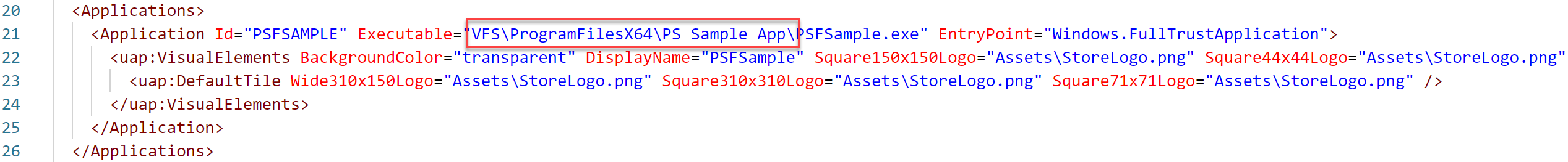 Immagine che circonda il percorso della directory di lavoro all'interno del file AppxManifest.
