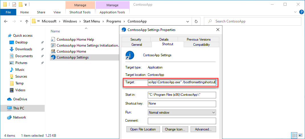 Esempio della finestra delle proprietà del file con parametro in destinazione