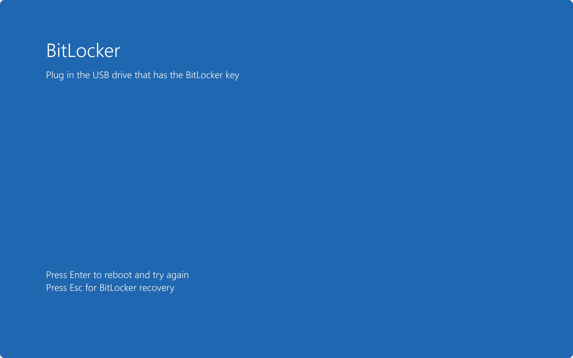 Screenshot della schermata di avvio preliminare di BitLocker che richiede un'unità USB contenente la chiave di avvio.