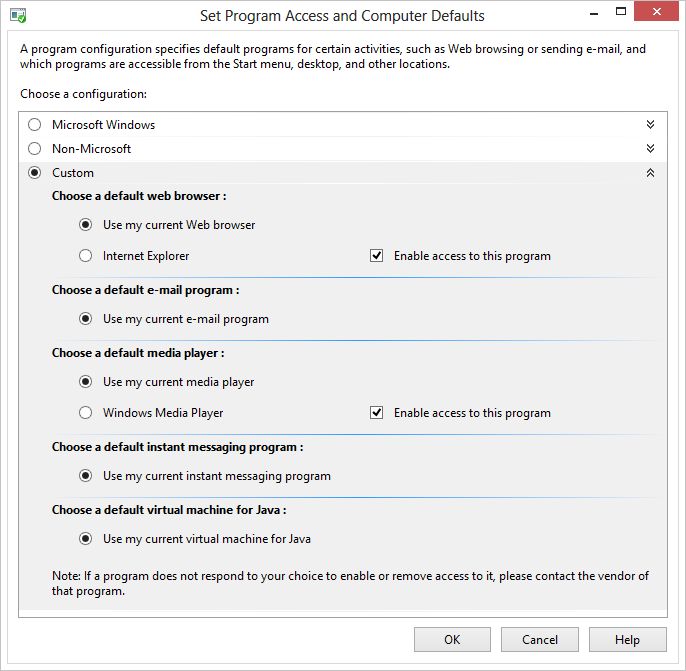 screenshot delle opzioni personalizzate di accesso al programma e impostazioni predefinite