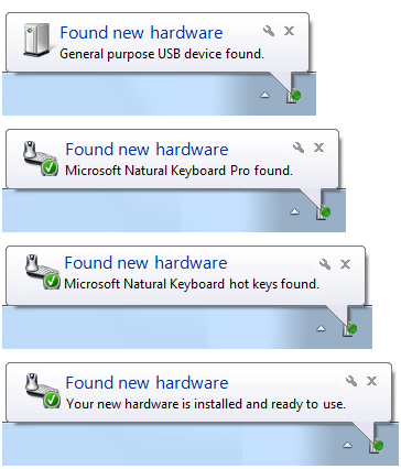 schermata delle notifiche 'found new hardware' 