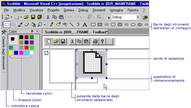 Screenshot dell'editor di toolbar con i controlli indicati.