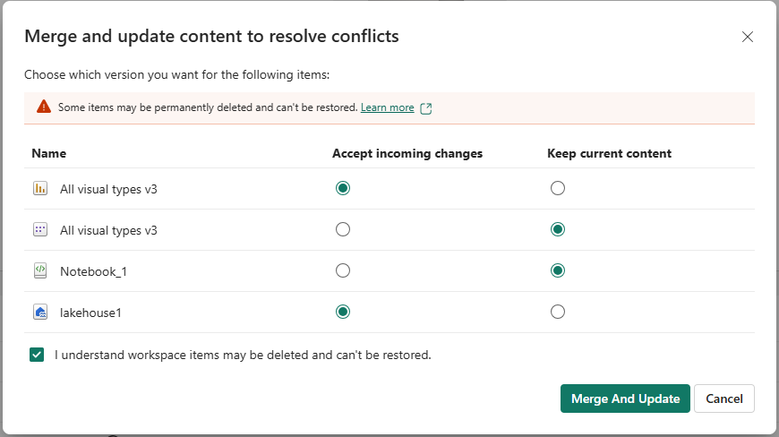 Screenshot dell'interfaccia utente per selezionare la versione di un elemento in conflitto da mantenere.