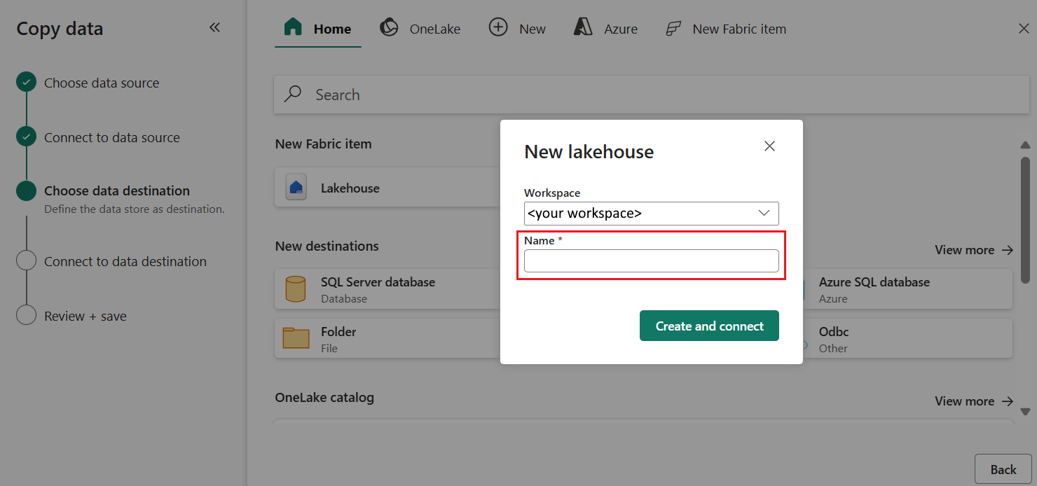 Screenshot che mostra il nome specificato per il nuovo Lakehouse.