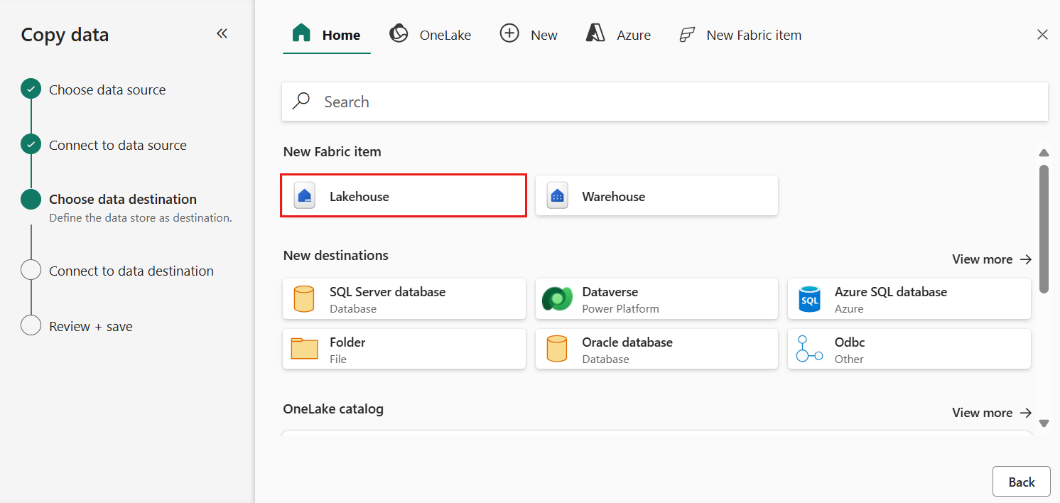 Screenshot che mostra la selezione della destinazione 