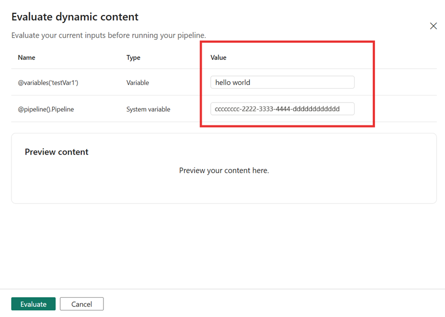 Screenshot del campo di input per valutare il contenuto dinamico.