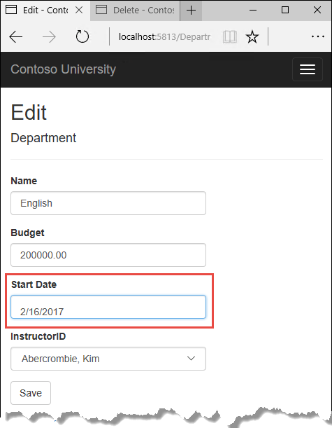 Pagina Department Edit (Modifica - Reparto) dopo la modifica e prima dell'eliminazione