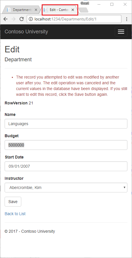 Messaggio di errore della pagina Modifica reparto 2