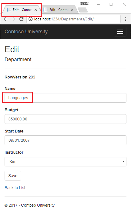 Pagina Department Edit (Modifica - Reparto) 1 dopo la modifica