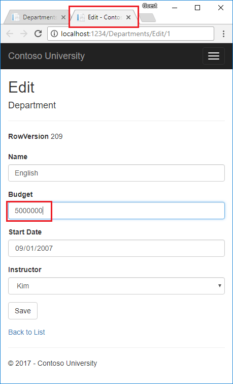 Pagina Department Edit (Modifica - Reparto) 2 dopo la modifica