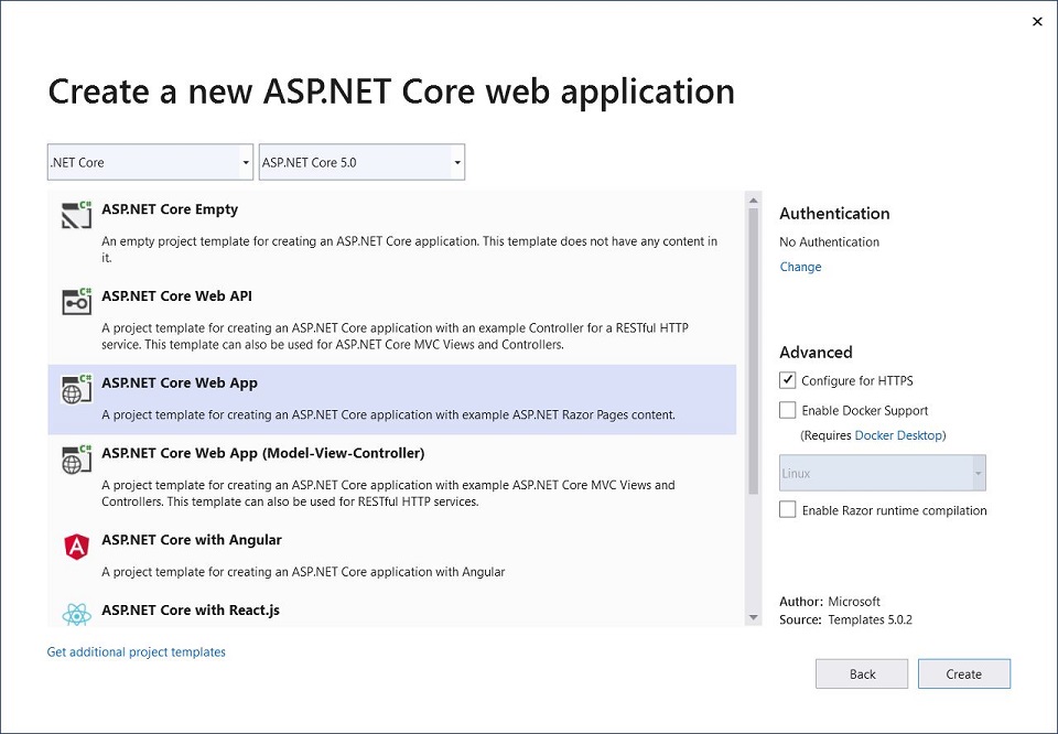 finestra di dialogo Nuovo progetto ASP.NET Core