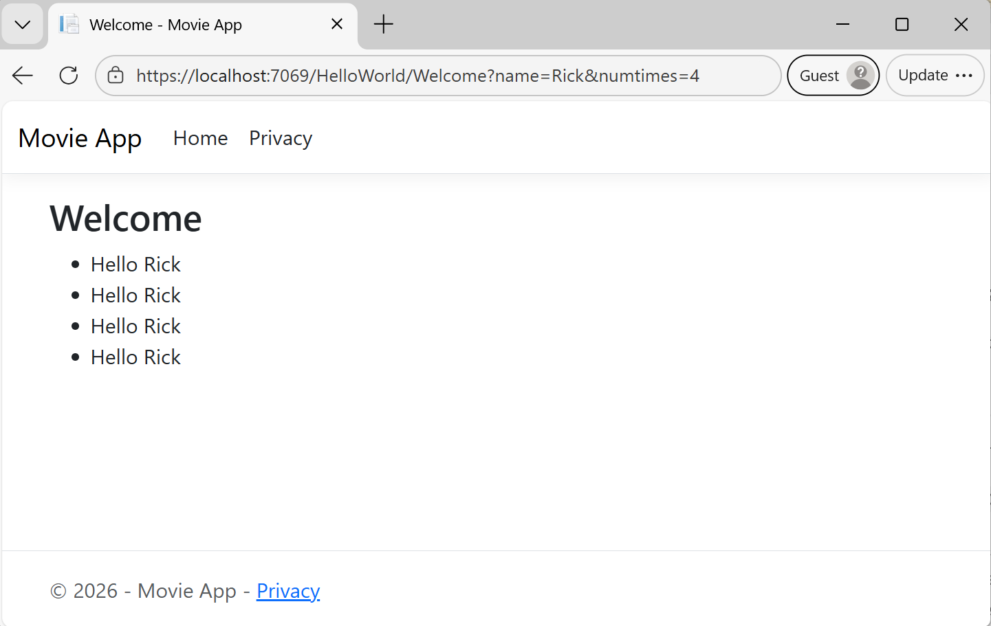 Privacy visualizzazione che mostra un'etichetta di benvenuto e la frase Hello Rick mostrata quattro volte.