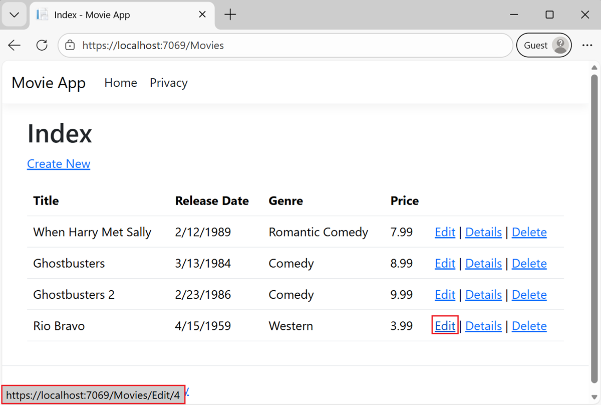 Finestra del browser con il puntatore del mouse sul collegamento Modifica e un URL di collegamento visualizzato nella finestra.