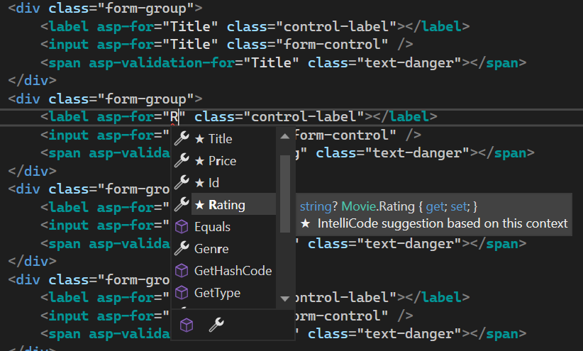 Lo sviluppatore ha digitato la lettera R per il valore dell'attributo asp-for nel secondo elemento etichetta della vista. È stato visualizzato un menu contestuale di IntelliSense che mostra i campi disponibili, tra cui Rating, evidenziato automaticamente nell'elenco. Quando lo sviluppatore fa clic sul campo o preme INVIO sulla tastiera, il valore verrà impostato su Classificazione.