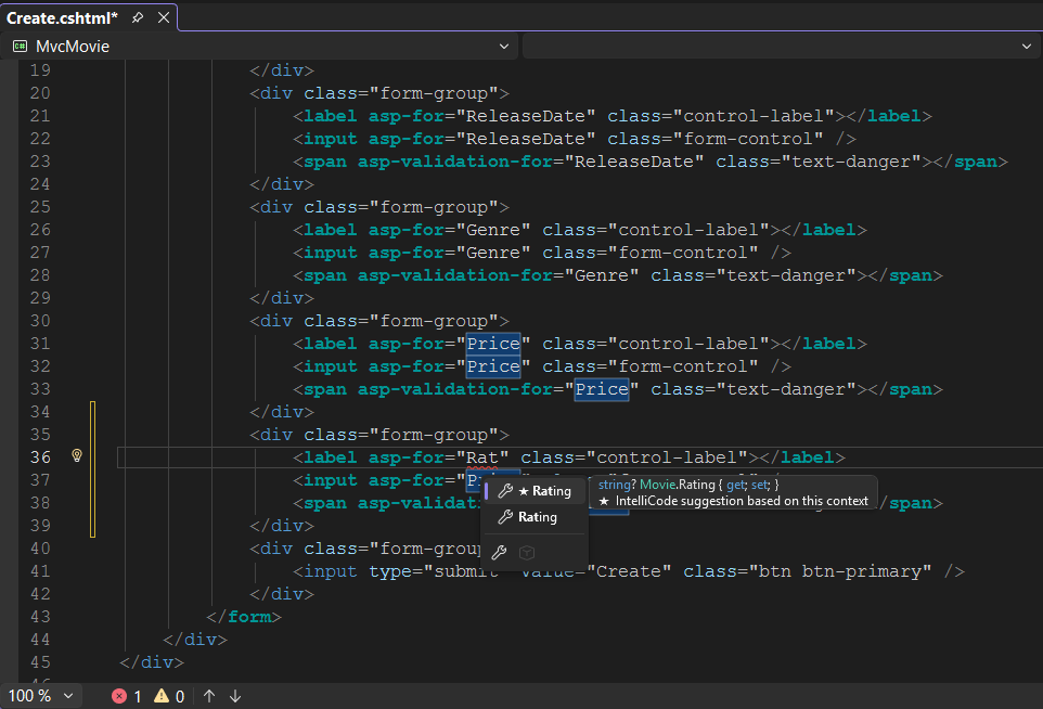 Lo sviluppatore ha digitato la lettera R per il valore dell'attributo asp-for nel secondo elemento etichetta della vista. È stato visualizzato un menu contestuale di IntelliSense che mostra i campi disponibili, tra cui Rating, evidenziato automaticamente nell'elenco. Quando lo sviluppatore fa clic sul campo o preme INVIO sulla tastiera, il valore verrà impostato su Classificazione.