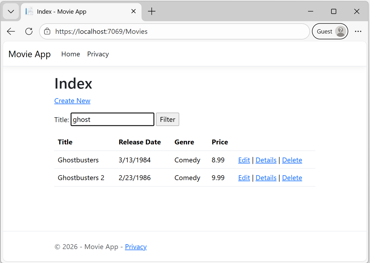 Visualizzazione indice con la parola 