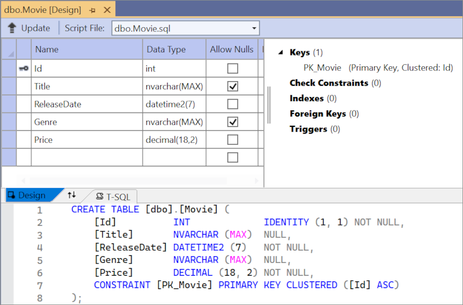 Tabella Movie aperta nella finestra di progettazione