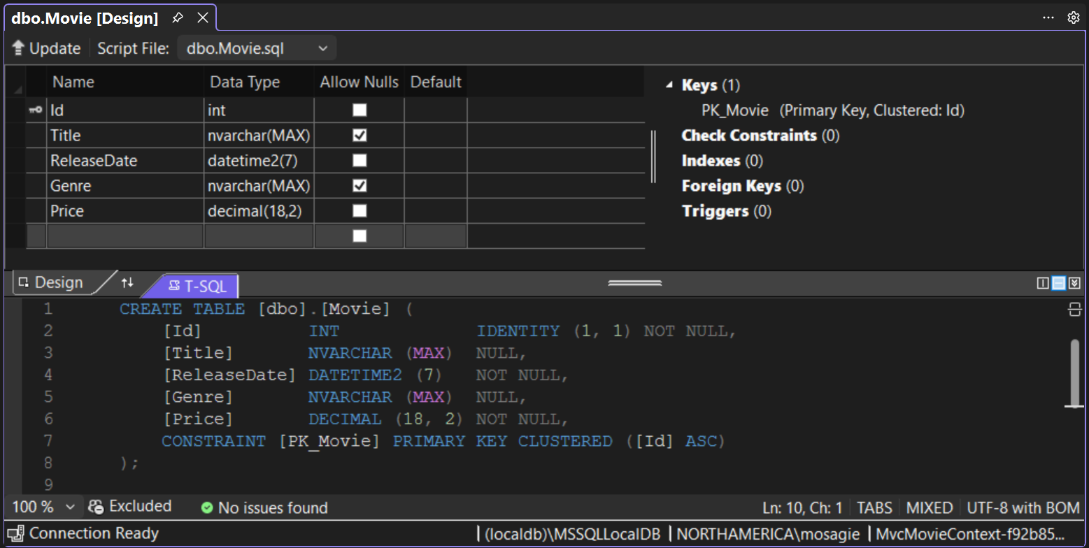 La tabella dei film è aperta in Designer.