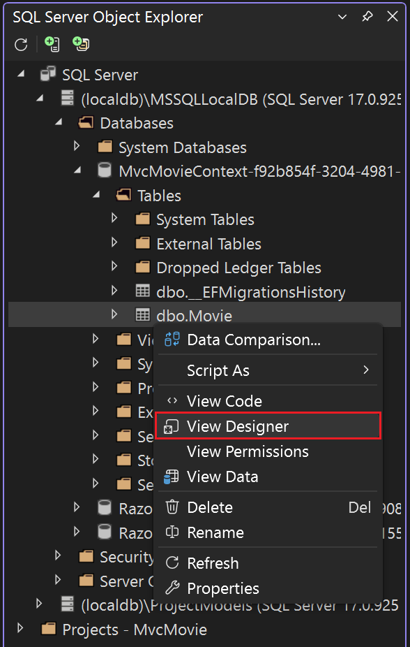 Fare clic con il pulsante destro del mouse sulla tabella dei film > Visualizza Progettazione.