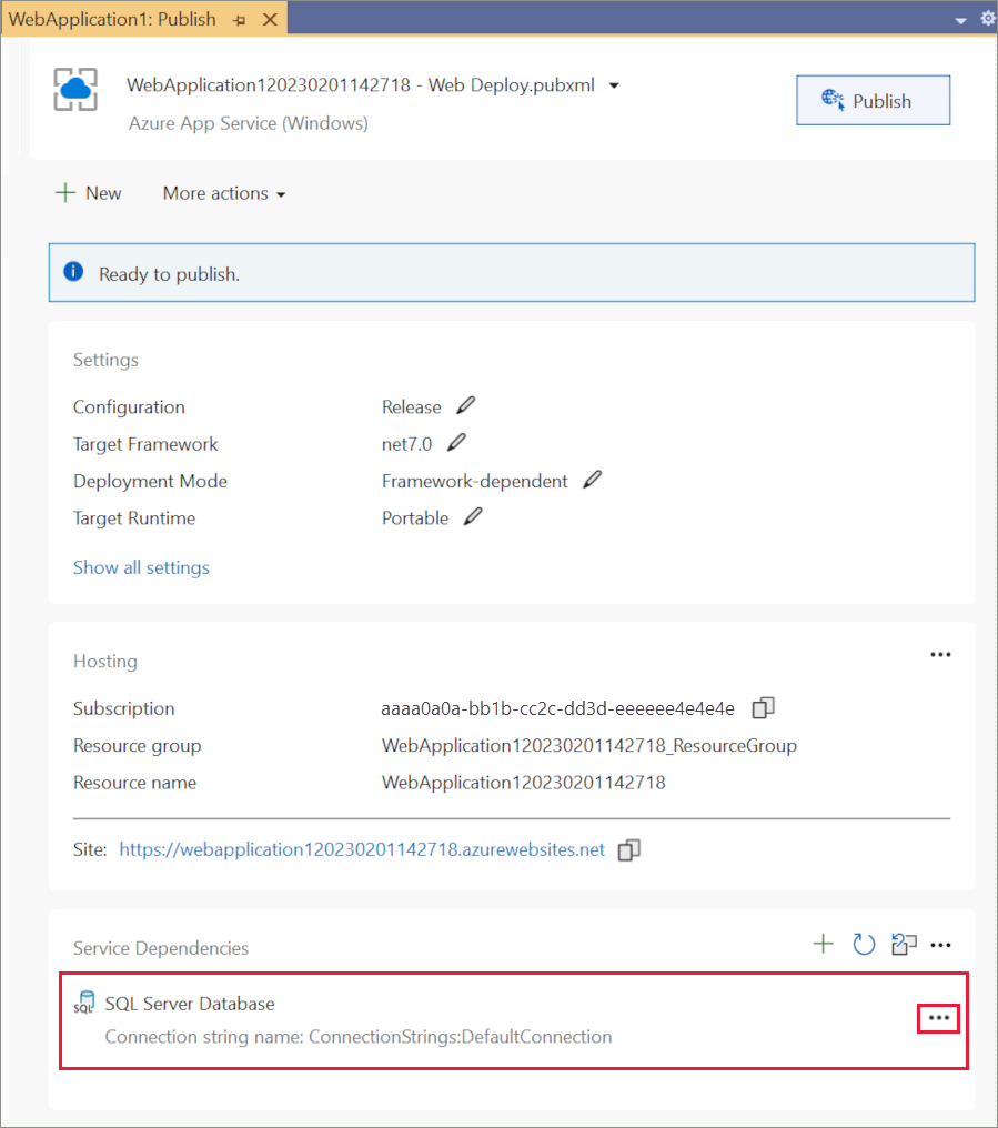 Pagina di riepilogo del profilo di pubblicazione: configurare la dipendenza di SQL Server
