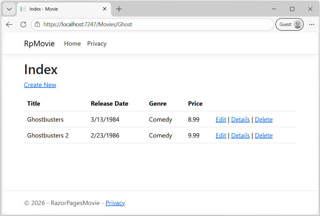 Visualizzazione indice aggiungendo la parola ghost all'URL e un elenco restituito di due film, Ghostbusters e Ghostbusters 2.