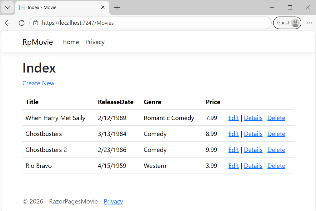 Applicazione movie aperta nel browser che mostra i dati dei film.