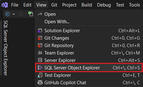 Menu Visualizza che mostra l'opzione 'Esplora oggetti di SQL Server'.