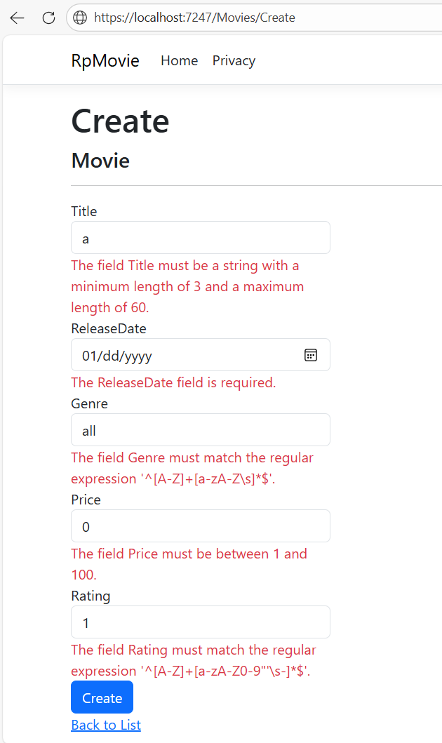 Modulo di visualizzazione film con diversi errori di validazione lato client jQuery.
