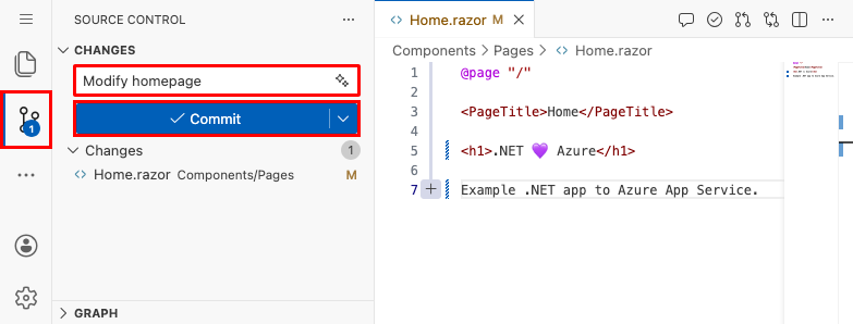 Screenshot di Visual Studio Code nel browser, pannello di Controllo del codice sorgente con un messaggio di commit 