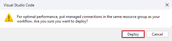 Screenshot che mostra il messaggio di conferma con le opzioni Deploy e Cancel.