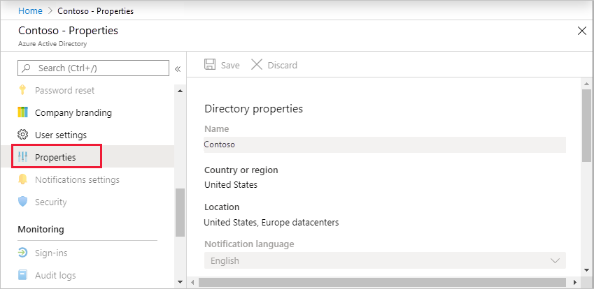 Selezionare Proprietà per le proprietà di Microsoft Entra - screenshot