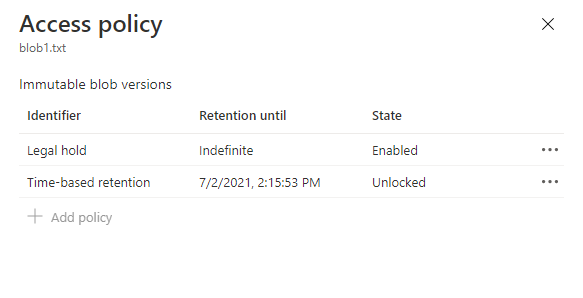 Screenshot che mostra il blocco a fini giudiziari configurato per la versione del BLOB