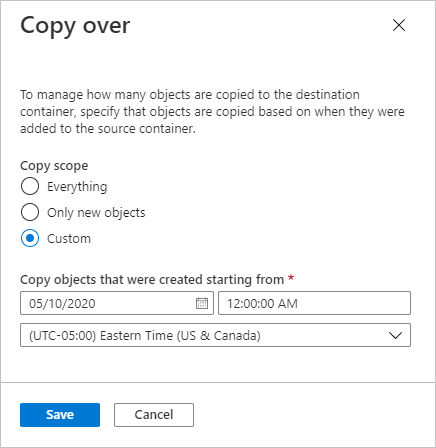 Screenshot che mostra l'ambito di copia personalizzato per la replica di oggetti
