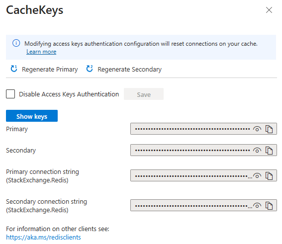 Screenshot che mostra il riquadro chiavi di accesso della cache Redis di Azure.