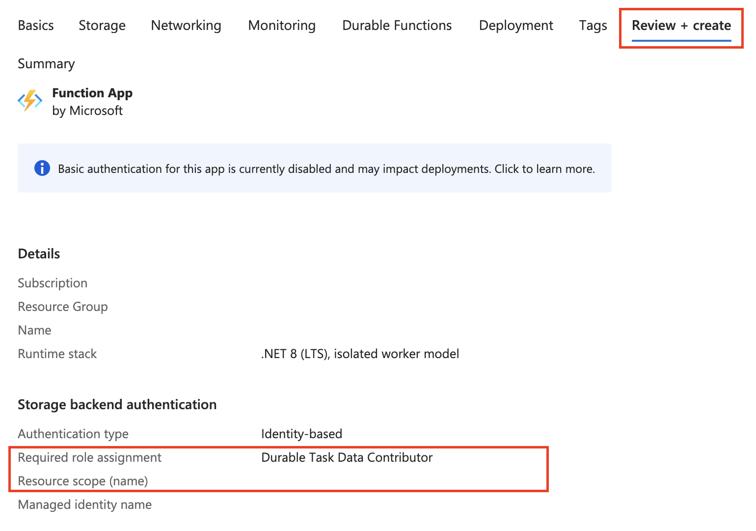 Screenshot dei campi e delle proprietà selezionati e in revisione nella scheda Rivedi e crea.
