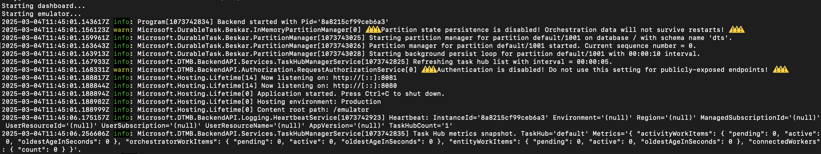 Screenshot che mostra che l'emulatore è stato avviato correttamente nel terminale.
