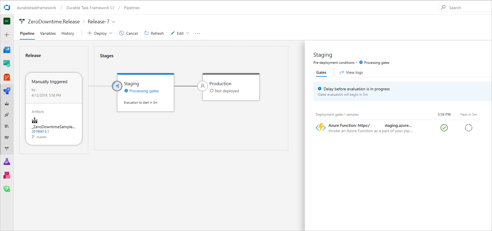 Screenshot che mostra un controllo di gate di distribuzione in esecuzione su Azure Pipelines.