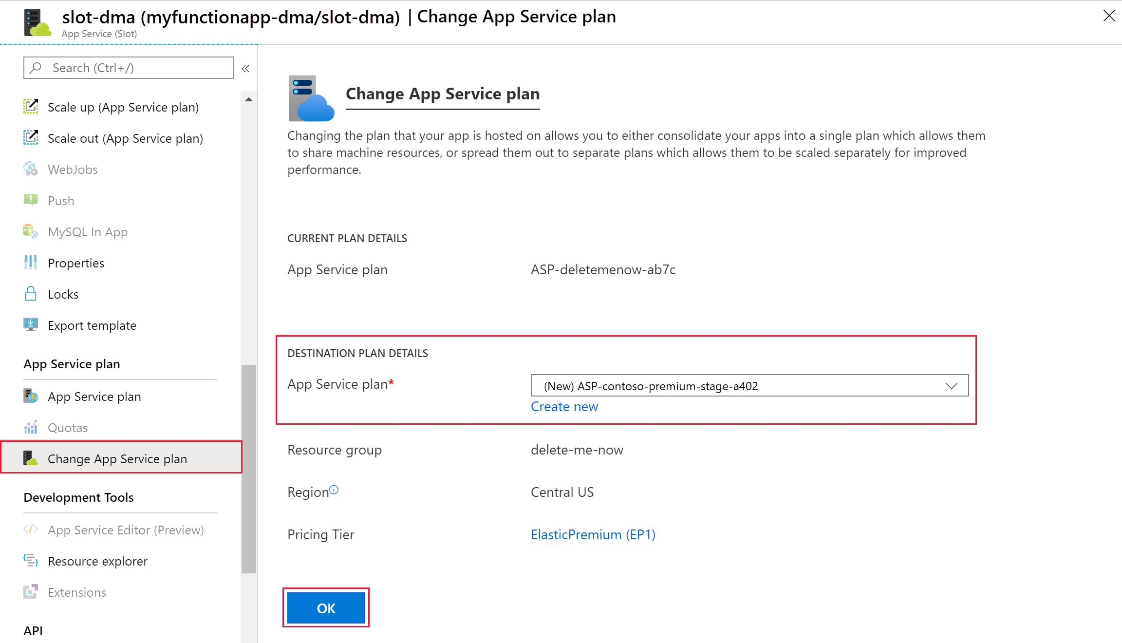 Screenshot che mostra dove modificare il piano di servizio app nel portale di Azure.