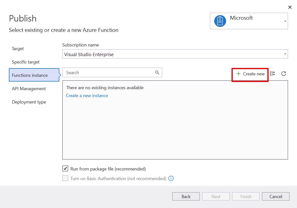 Creare una nuova istanza dell'app per le funzioni