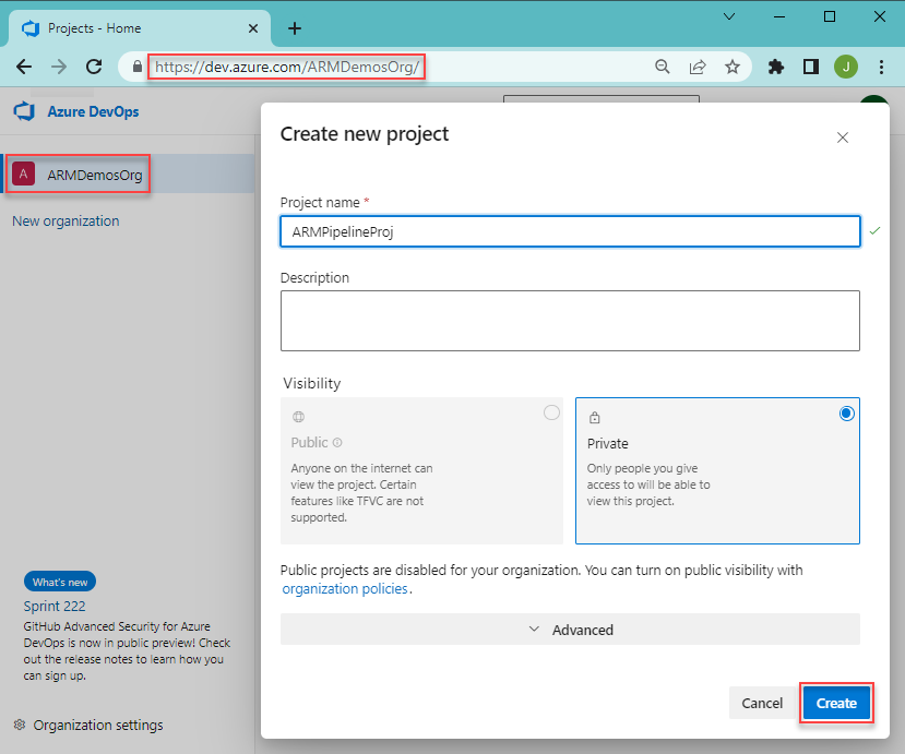 Screenshot della creazione di un progetto Azure DevOps per Azure Resource Manager, Azure DevOps, Azure Pipelines.
