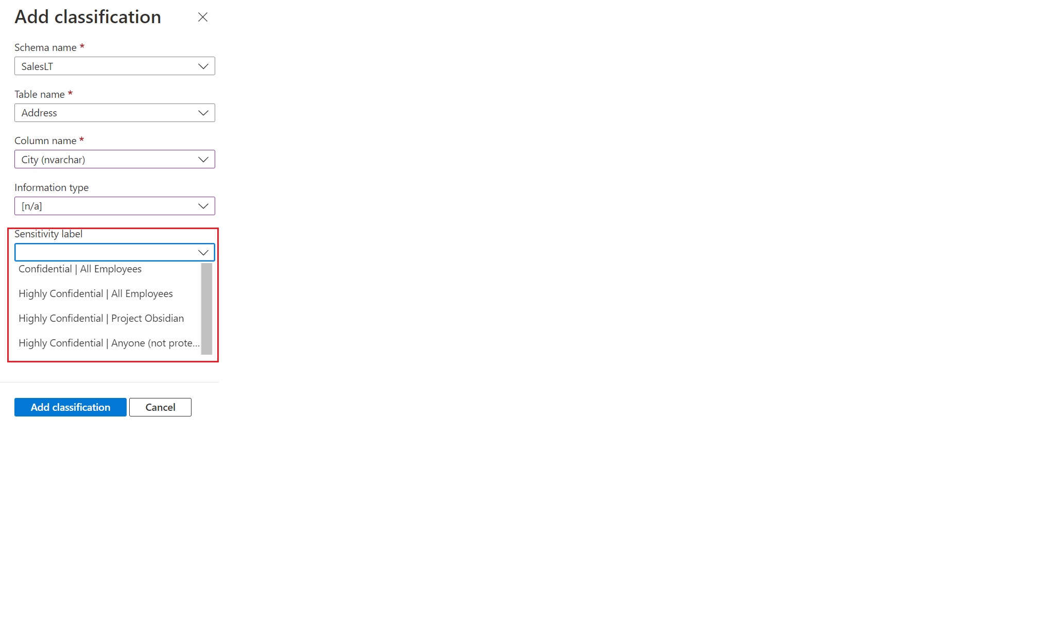 Screenshot del menu a discesa dell'etichetta di riservatezza.