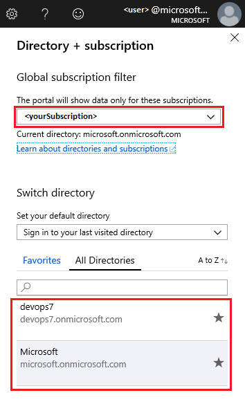 Screenshot del portale di Azure che mostra la pagina Filtro directory e sottoscrizione, dove scegliere la directory.