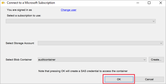 Selezionare la sottoscrizione di Azure, l'account di archiviazione e il contenitore BLOB.